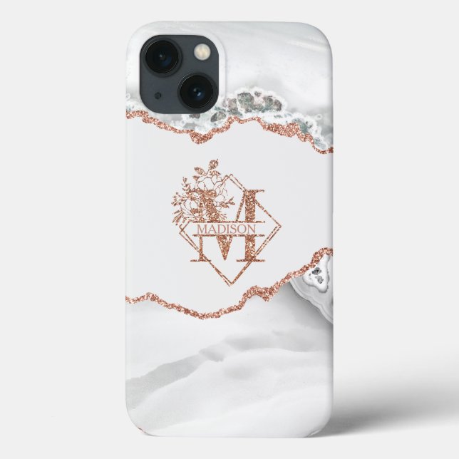 Modern Monogram M White Agate Marble Rose Gold  Case-Mate iPhone Case (Back)