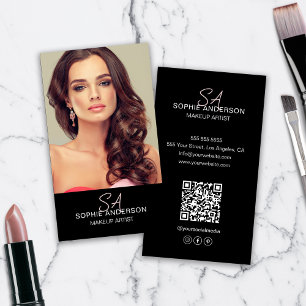 Modern Monogram Makeup Artist Photo Black Business Card