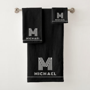 Modern Monogram Masculine Black  Bath Towel Set