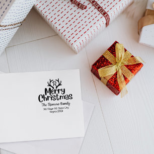 Modern Monogram Merry Christmas Family Rubber Stamp