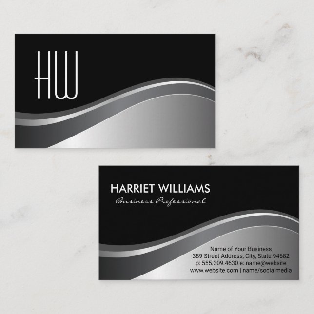 Modern Monogram | Metallic Wave Black Background Business Card (Front/Back)