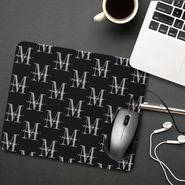Modern Monogram Minimal Black White Mouse Mat (Creator Uploaded)