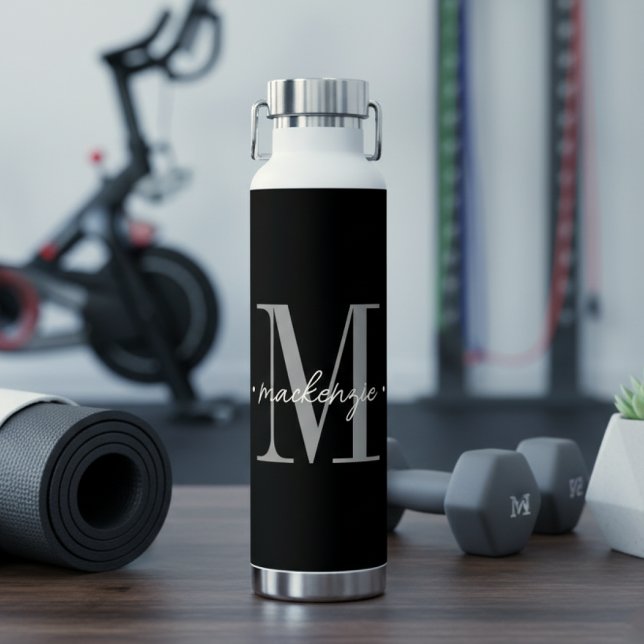 Modern Monogram Minimal Black White Water Bottle (Creator Uploaded)