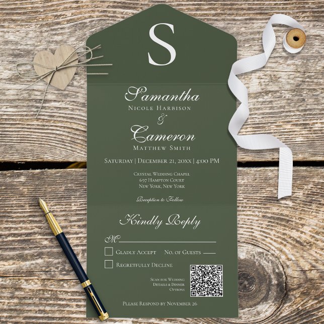 Modern Monogram Minimal Dark Green QR Code All In One Invitation (Creator Uploaded)
