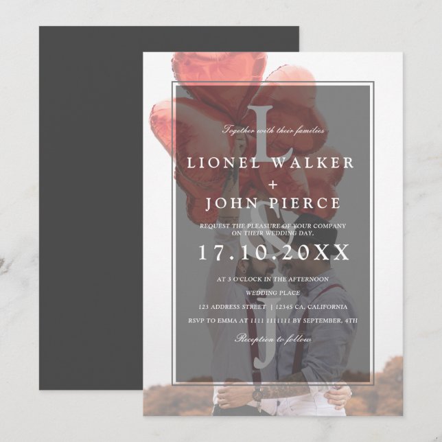 Modern monogram minimalist photo gay wedding invitation (Front/Back)