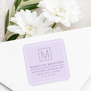 Modern monogram minimalist purple return address square sticker