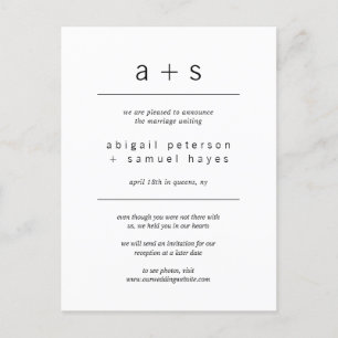 Modern Monogram Minimalist Wedding Elopement Announcement Postcard