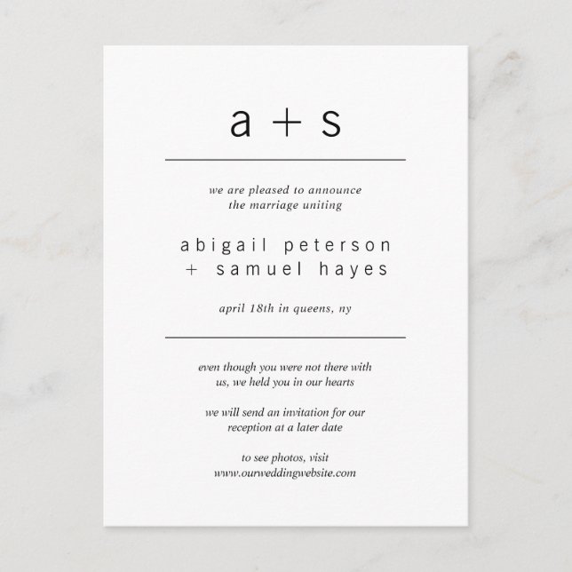 Modern Monogram Minimalist Wedding Elopement Announcement Postcard (Front)