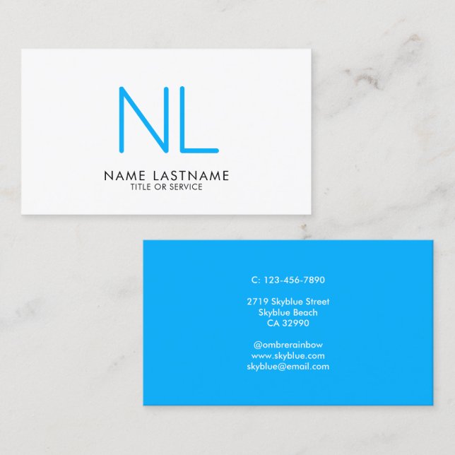 Modern Monogram Minimalistic Clean Sky Blue White  Business Card (Front/Back)