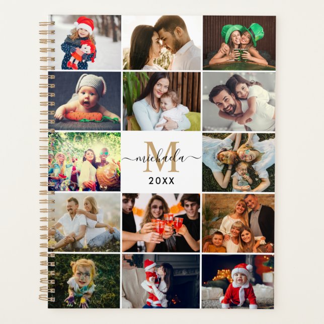 Modern Monogram & Name 14-Photo Collage Planner (Front)