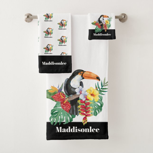 Modern Monogram Name Black Colourful Toucan Bath Towel Set (Insitu)