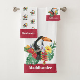 Modern Monogram Name Black Colourful Toucan Red Bath Towel Set