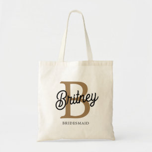 Modern Monogram Name  Black Gold Script Bridesmaid Tote Bag