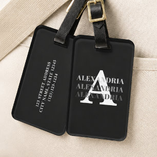 Modern Monogram Name Black Grey Luggage Tag