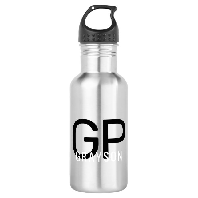 Modern Monogram Name Black & Grey Personalised 710 Ml Water Bottle (Front)
