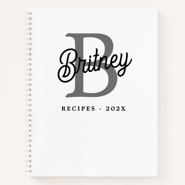 Modern Monogram Name  Black Grey Script Recipe Notebook (Front)
