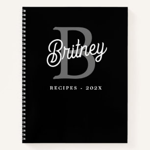 Modern Monogram Name  Black Grey Script Recipe Notebook