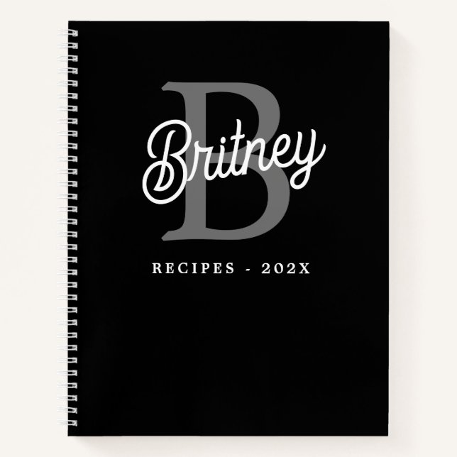 Modern Monogram Name  Black Grey Script Recipe Notebook (Front)