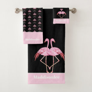 Modern Monogram Name Black Pink Flamingo Bath Towe Towel Set