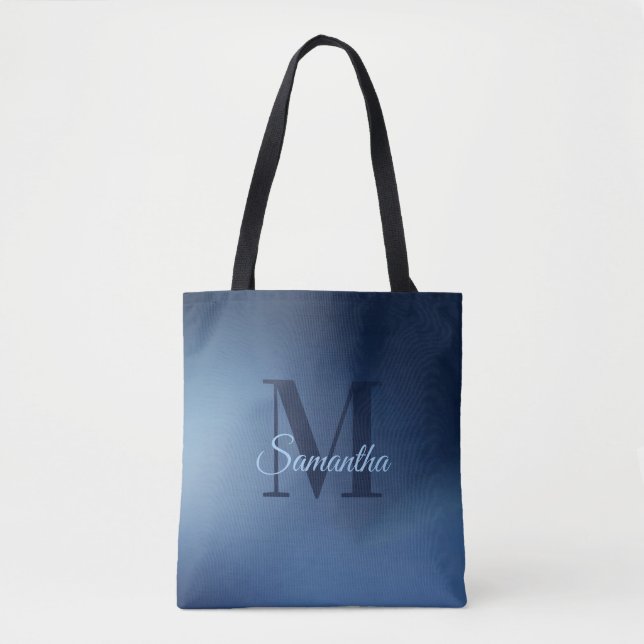 Modern Monogram Name Blue Ombre Tote Bag (Front)