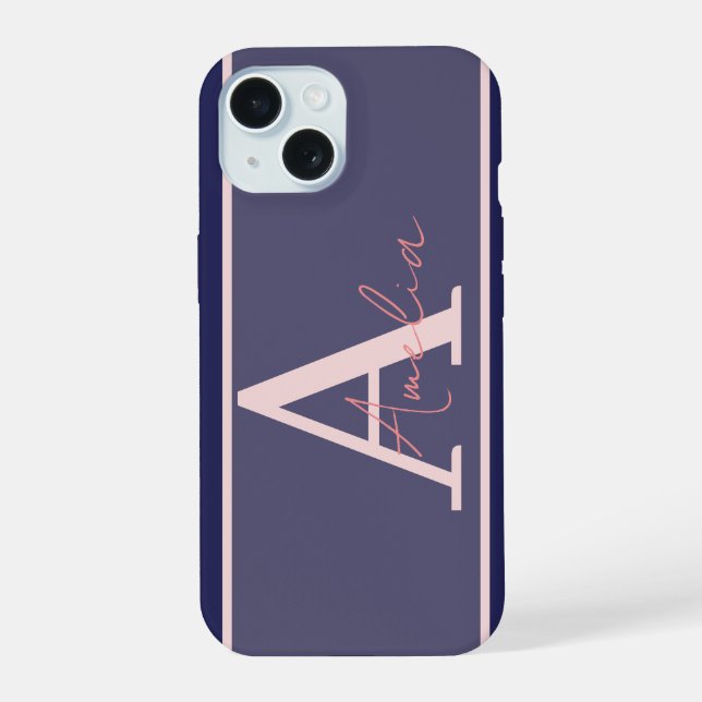 Modern Monogram Name Blue Pink iPhone 15 Case (Back)