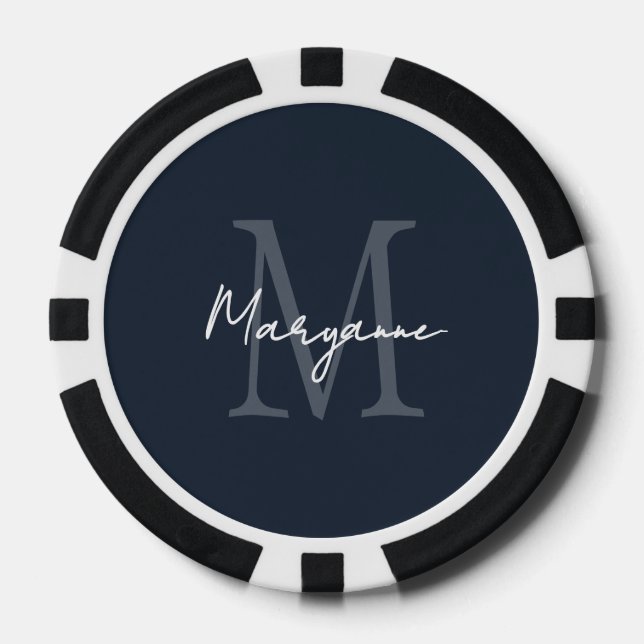 Modern Monogram Name Blue Poker Chips (Front)