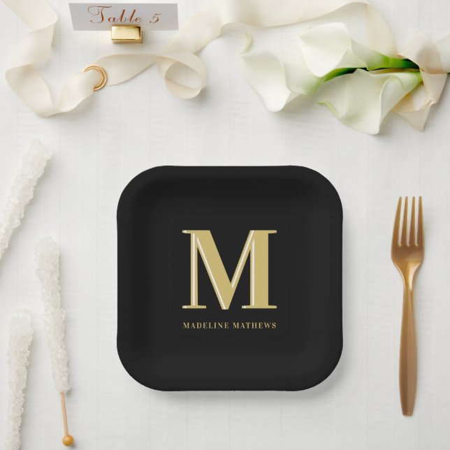Modern monogram name bold typography gold black paper plate (Wedding)