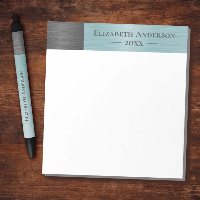 Modern Monogram Name Brushed Metal Notepad (metallic blue and grey modern chic monogram name notepad)
