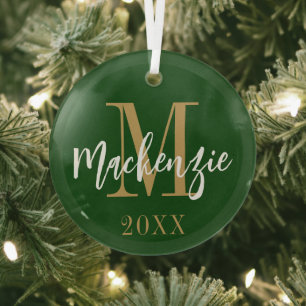 Modern Monogram Name Custom Color Keepsake Glass Tree Decoration