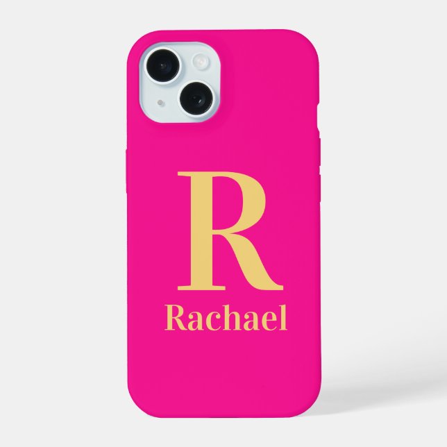 Modern Monogram Name Hot Pink iPhone 15 Case (Back)