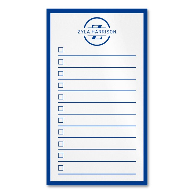 Modern Monogram Name Navy Blue To Do List Magnetic Business Card (Front Vertical)
