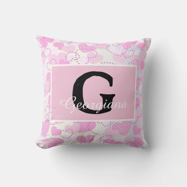 Modern Monogram Name on Purple Pink White Hearts  Cushion (Front)