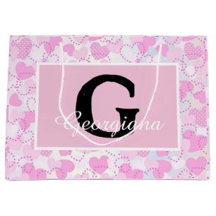 Modern Monogram Name on Purple Pink White Hearts Large Gift Bag