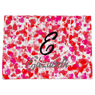 Modern Monogram Name on Red Pink White Hearts  Lar Large Gift Bag