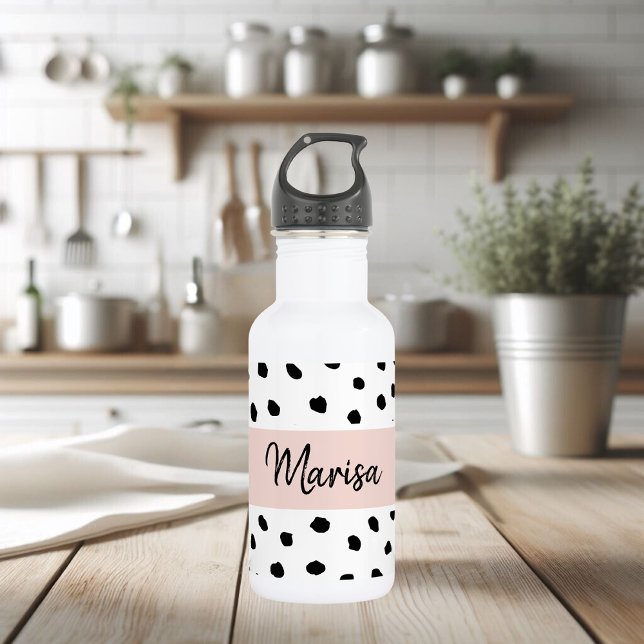 Modern Monogram Name | Pastel Pink & Black Dots 532 Ml Water Bottle (Creator Uploaded)