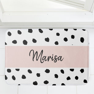 Modern Monogram Name   Pastel Pink & Black Dots Bath Mat