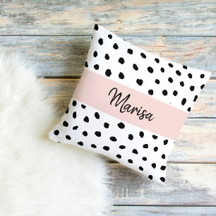 Modern Monogram Name   Pastel Pink & Black Dots Cushion