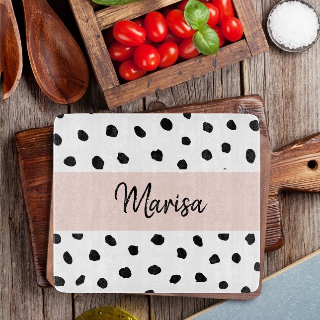 Modern Monogram Name | Pastel Pink & Black Dots Cutting Board (Creator Uploaded)