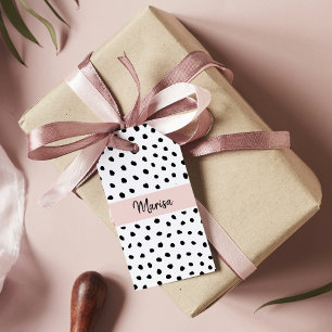 Modern Monogram Name   Pastel Pink & Black Dots Gift Tags