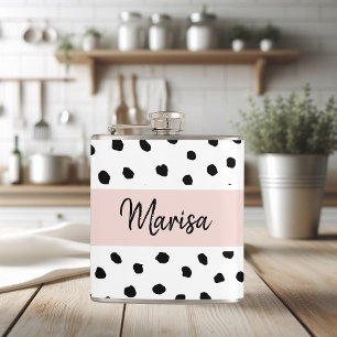 Modern Monogram Name   Pastel Pink & Black Dots Hip Flask