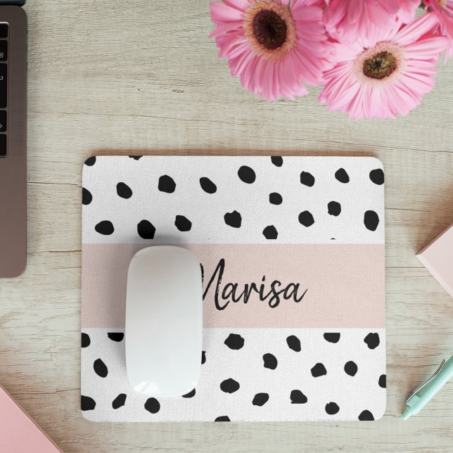 Modern Monogram Name | Pastel Pink & Black Dots Mouse Mat (Creator Uploaded)