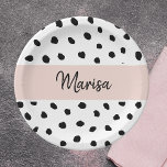 Modern Monogram Name | Pastel Pink & Black Dots Paper Plate<br><div class="desc">Modern Monogram Name | Pastel Pink & Black Dots</div>