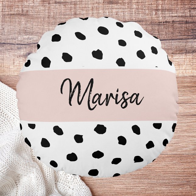 Modern Monogram Name | Pastel Pink & Black Dots Round Cushion (Creator Uploaded)