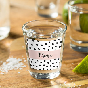 Modern Monogram Name   Pastel Pink & Black Dots Shot Glass