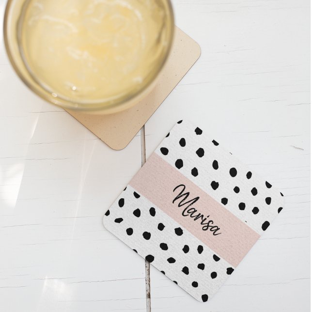 Modern Monogram Name | Pastel Pink & Black Dots Square Paper Coaster (Creator Uploaded)