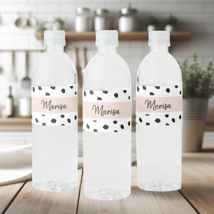 Modern Monogram Name   Pastel Pink & Black Dots Water Bottle Label