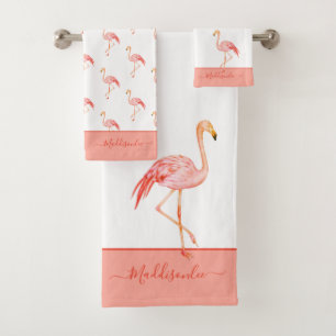 Modern  Monogram Name Pink Flamingo Blue  Bath Tow Towel Set