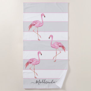 Modern  Monogram Name Pink Flamingo Grey Beach Towel