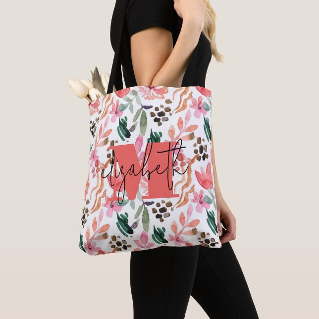 Modern Monogram Name Pink Floral Tote Bag (Close Up)