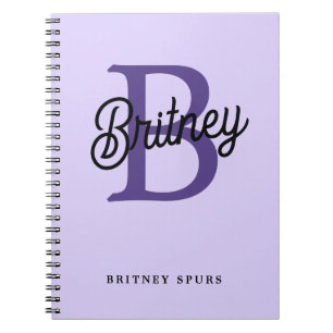 Modern Monogram Name Purple Black Script Office Notebook